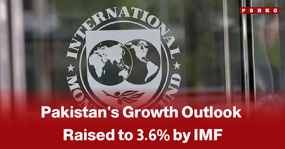 Red banner with white text reads, "Pakistan’s Growth Outlook Raised to 3.6% by IMF." Background shows the IMF logo on glass, highlighting IMF Pakistan growth and the country’s improving economic outlook.