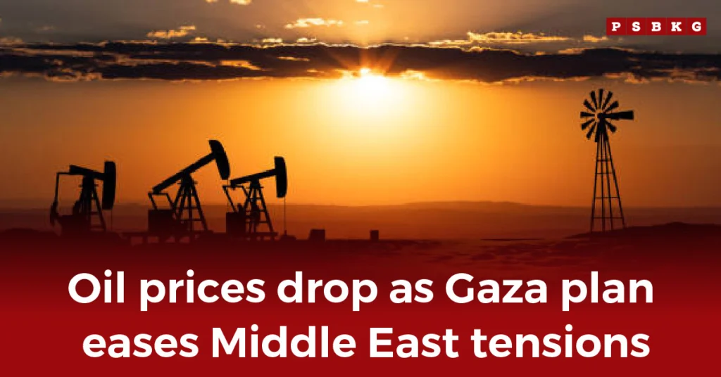Silhouette of oil pumps and a windmill under a vibrant sunset, representing declining oil prices amid reduced tensions in the Middle East and Gaza developments.