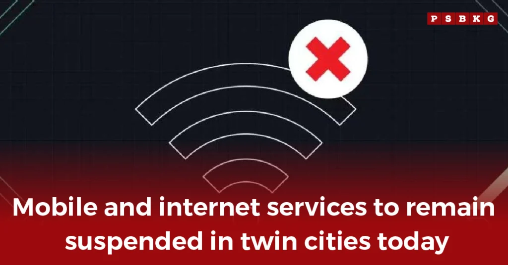 Digital graphic showing a broken Wi-Fi icon with a red ‘X,’ symbolizing suspension of mobile and internet services in the twin cities.