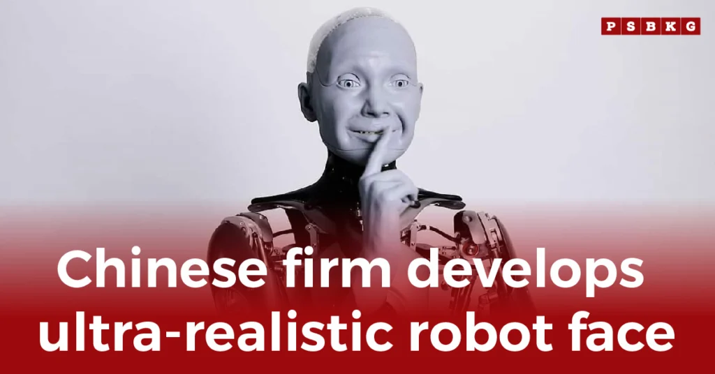 Humanoid robot with intricate mechanical limbs poses against a light background, highlighting advanced design and ultra-realistic robot face.