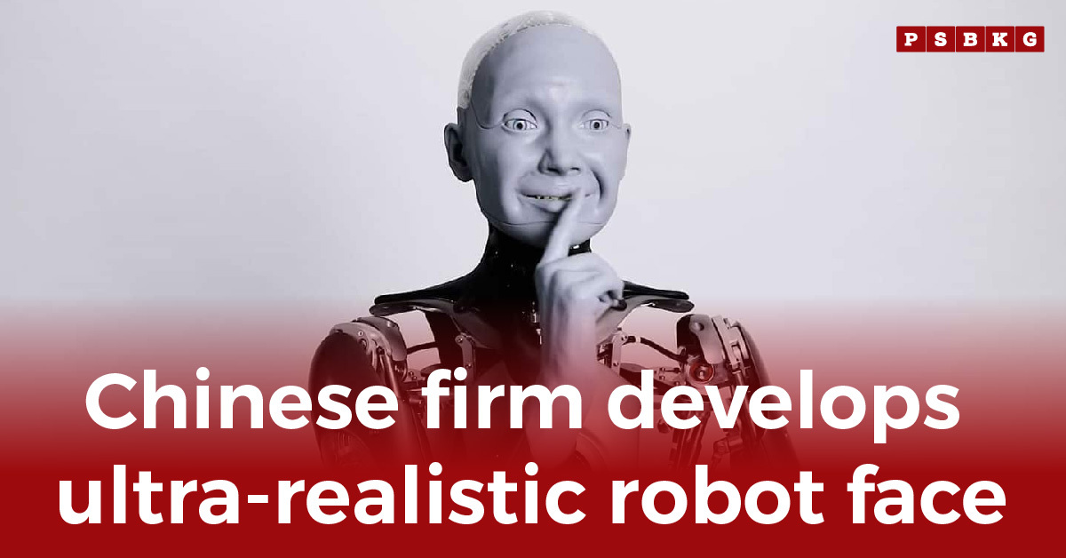 Humanoid robot with intricate mechanical limbs poses against a light background, highlighting advanced design and ultra-realistic robot face.