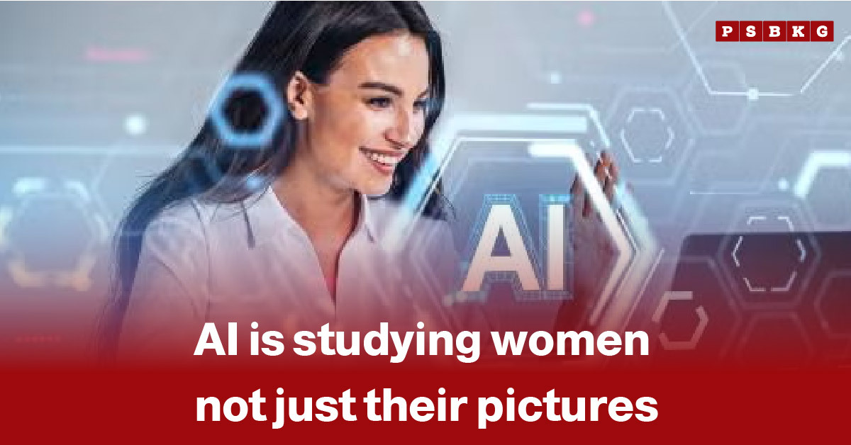 Smiling woman in front of hexagonal tech graphics with "AI," implying technology interaction. Text reads: "AI is studying women, not just their pictures." Tone: informational.