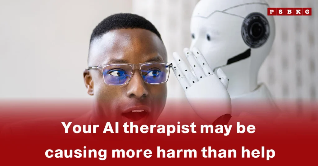 A humanoid robot gestures with its hand next to a cautionary message highlighting the risks of AI therapy, warning that such tools may unintentionally cause harm despite their therapeutic intentions.