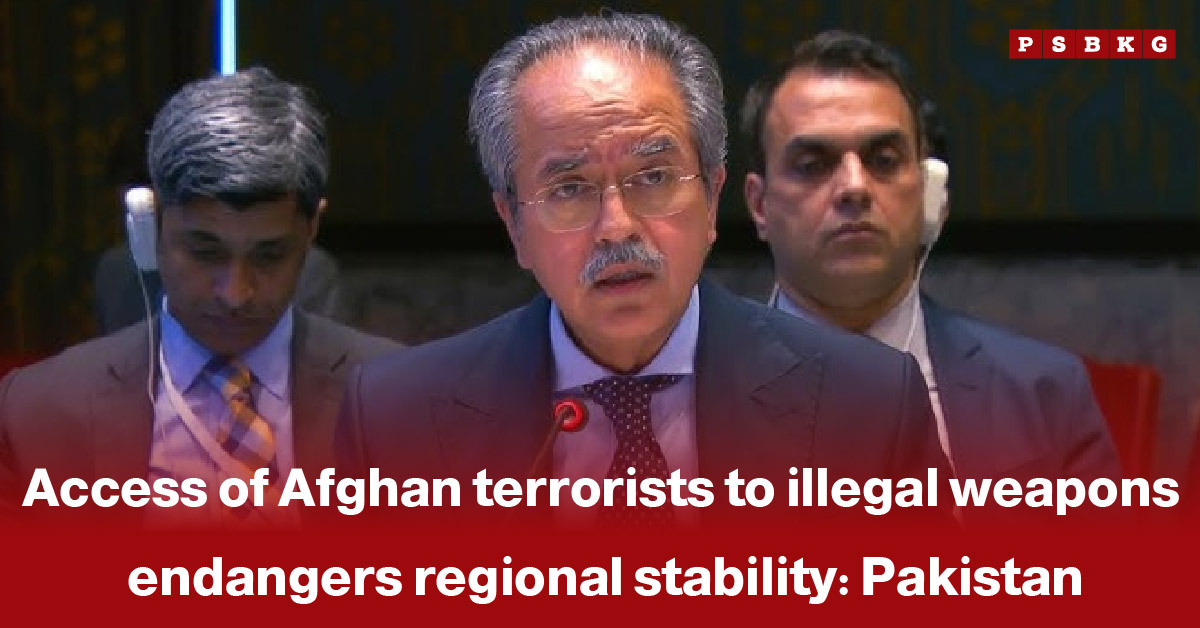 A speaker addresses a conference, highlighting concerns over Afghan terrorists obtaining illegal weapons and the resulting risks to regional peace and security.