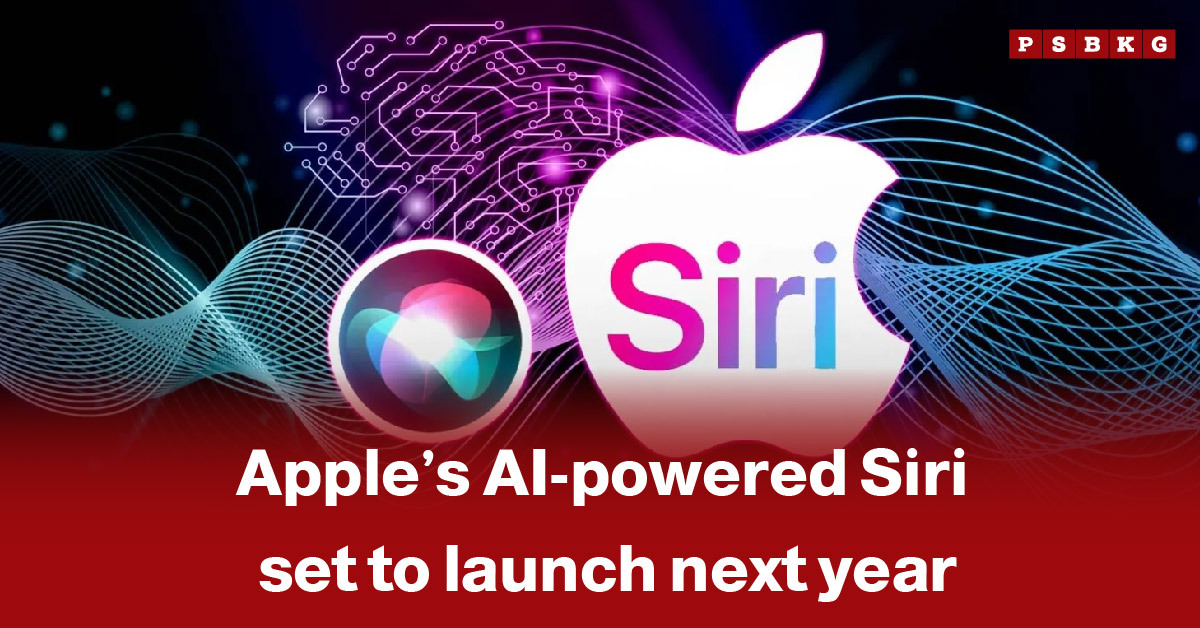 A graphic showing the Apple logo alongside the Siri icon, highlighting the announcement of Apple’s upcoming AI-powered Siri launch scheduled for next year Apple AI Siri.