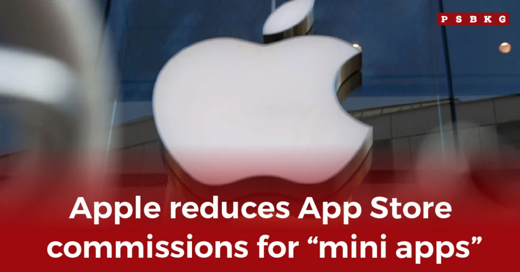 Apple logo with a caption announcing reduced App Store commissions for mini apps, highlighting the updated Apple mini apps commission policy.