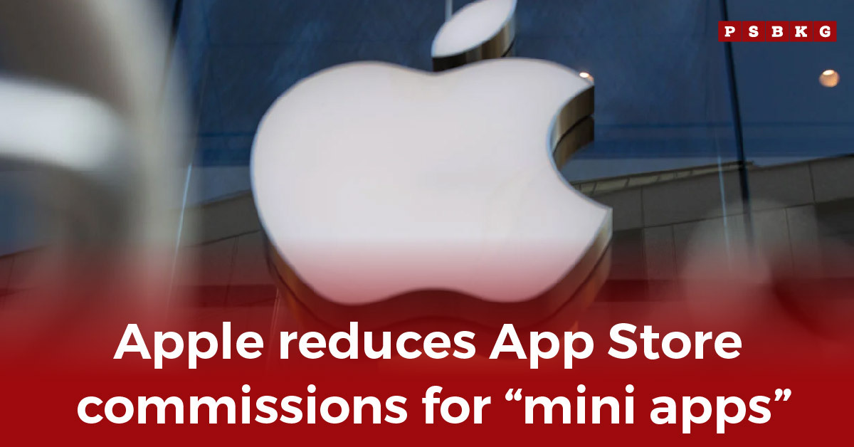 Apple logo with a caption announcing reduced App Store commissions for mini apps, highlighting the updated Apple mini apps commission policy.