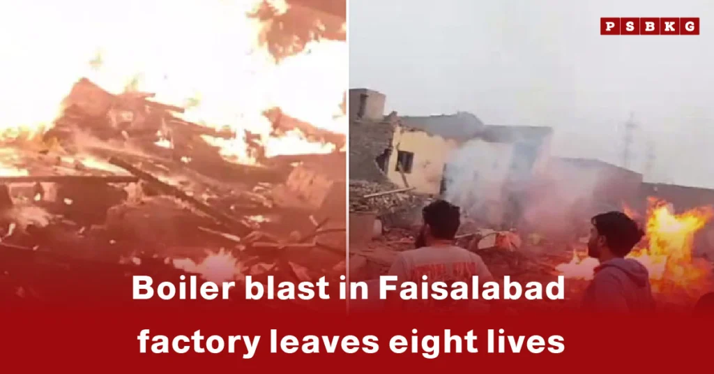 Flames engulf the remains of a Faisalabad factory after a devastating boiler blast, as onlookers survey the destruction and eight lives are reported lost, Faisalabad boiler blast.