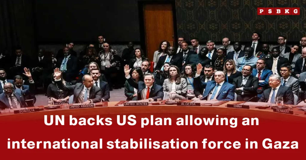 UN Security Council members raise their hands during a vote supporting a US-led proposal for an international Gaza stabilisation force, reflecting global efforts to restore stability in the region.