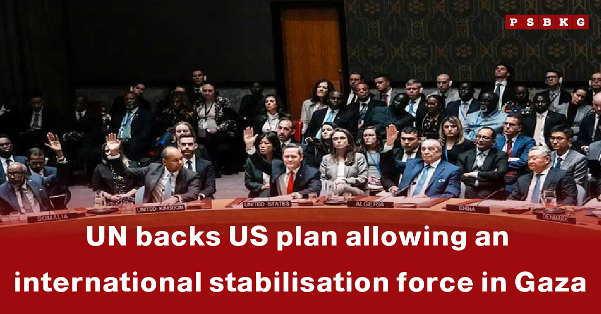 UN Security Council members raise their hands during a vote supporting a US-led proposal for an international Gaza stabilisation force, reflecting global efforts to restore stability in the region.