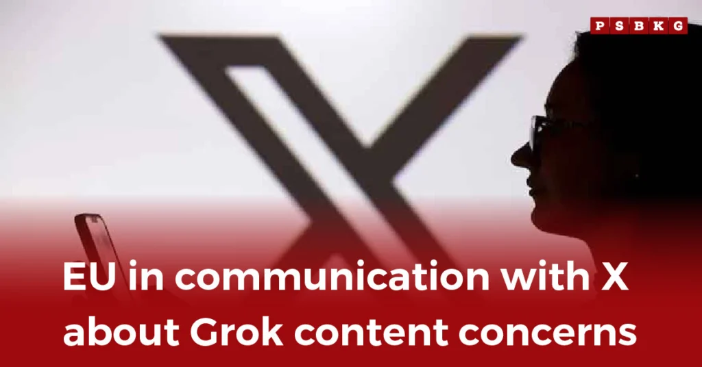An abstract Grok logo resembling an 'X', featuring a silhouette interacting with a device, highlighted in an EU communication addressing Grok content concerns and digital safety issues.