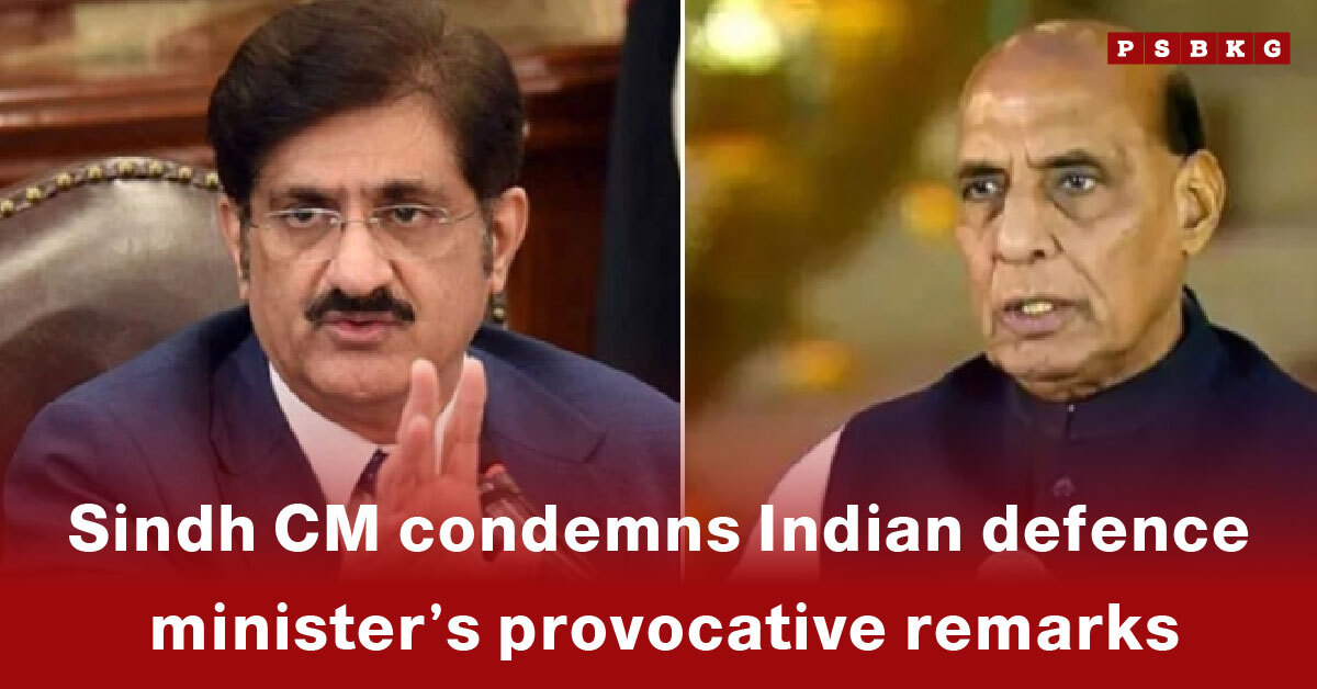 A side-by-side image of two politicians, illustrating the Sindh CM’s response to the controversial remarks made by the Indian defence minister, highlighting rising political tensions.