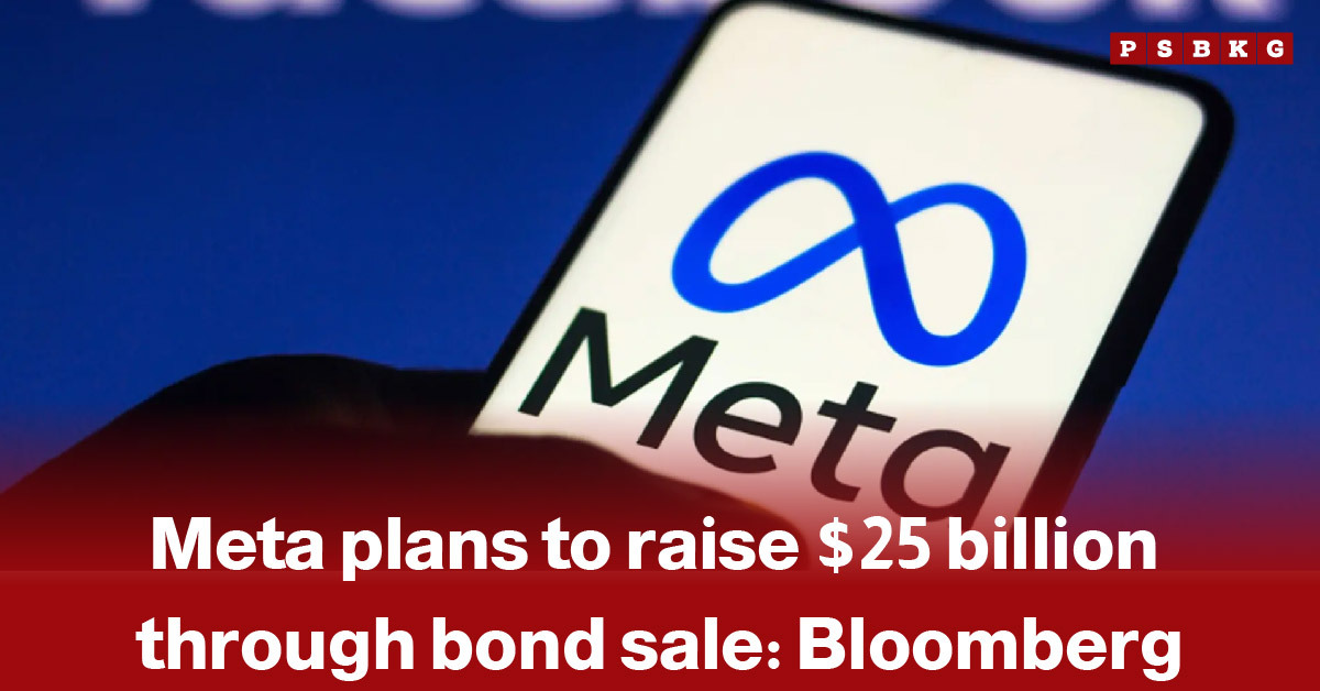 A smartphone screen displaying the Meta logo, accompanied by a headline about the company’s plan to raise $25 billion through a major bond sale Meta bond sale.