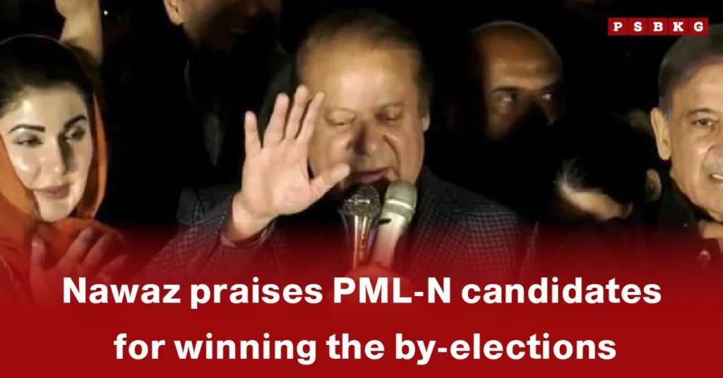 Nawaz Sharif addresses a lively crowd, praising the performance of PML-N candidates and celebrating their success in the recent by-elections, creating an atmosphere of support and confidence PML-N by-elections.