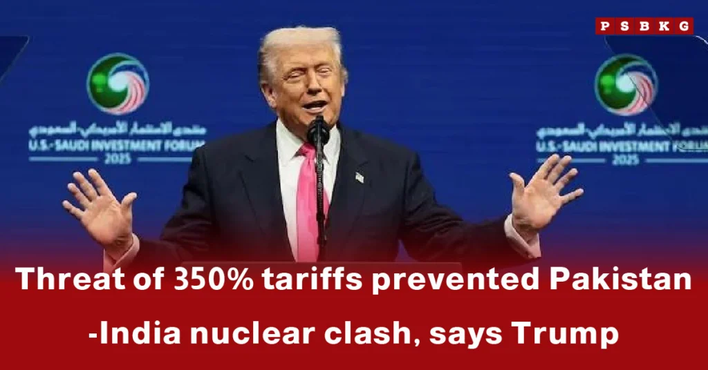 A man gestures while speaking at the U.S.-Saudi Investment Forum, addressing trade tariffs and broader geopolitical tensions in South Asia, including concerns over a potential Pakistan-India nuclear clash, as part of the regional security discussion.