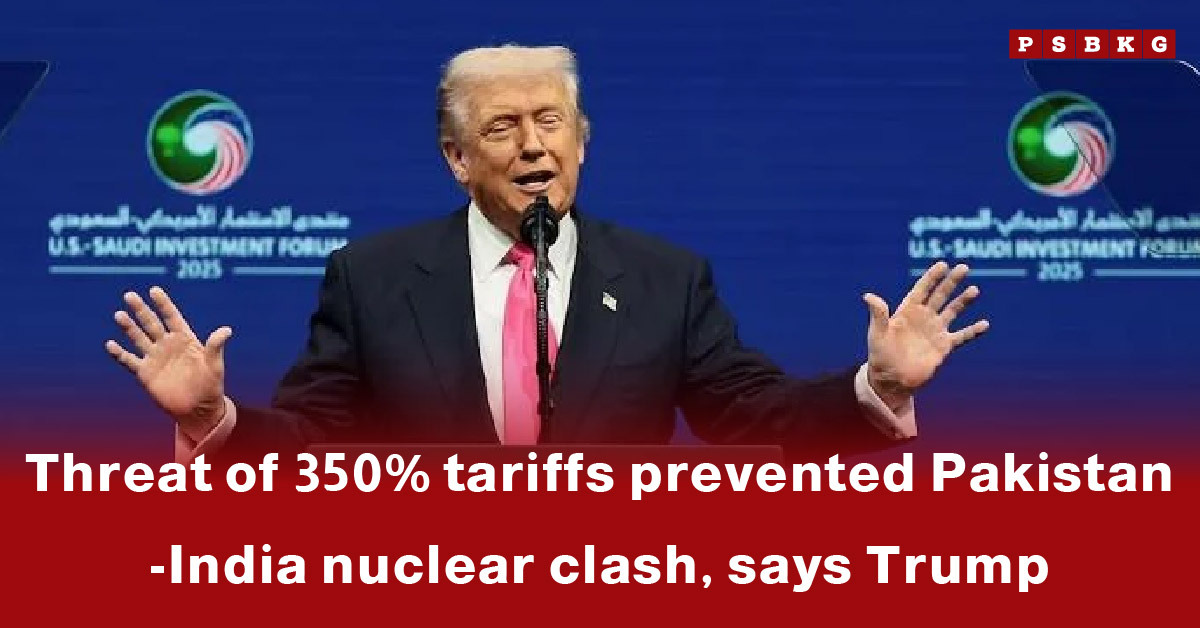 A man gestures while speaking at the U.S.-Saudi Investment Forum, addressing trade tariffs and broader geopolitical tensions in South Asia, including concerns over a potential Pakistan-India nuclear clash, as part of the regional security discussion.