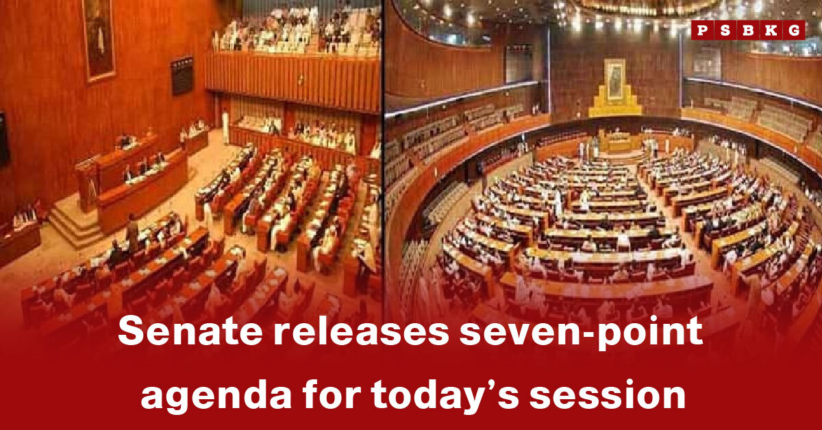 A collage featuring two views of the Senate chamber with members seated during proceedings, paired with a headline outlining the session’s newly announced seven-point Senate agenda.