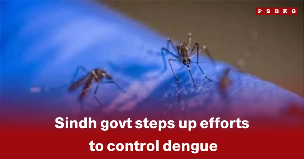 A swarm of mosquitoes representing rising cases, with a caption noting the Sindh government intensifying dengue control measures as part of Sindh dengue control efforts.