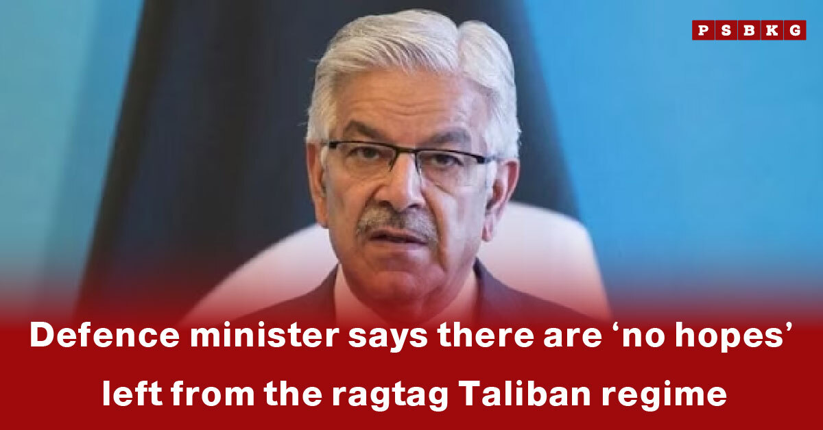 A defence minister speaks critically against the Taliban regime, stating there are “no hopes” left, set against a blue-and-black backdrop that underscores the gravity of the message.