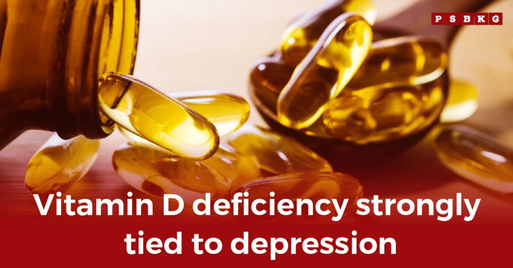 A close-up of vitamin D capsules spilling from a bottle, illustrating the connection between vitamin D deficiency and depression and its impact on mental health.