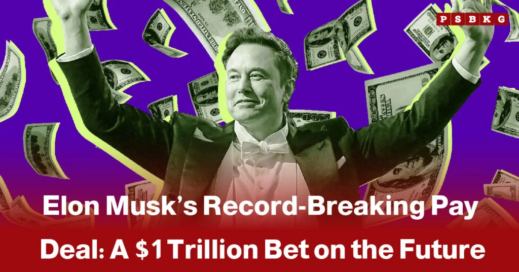 Elon Musk smiling in a tuxedo with floating dollar bills and a $1 trillion deal in the background.
