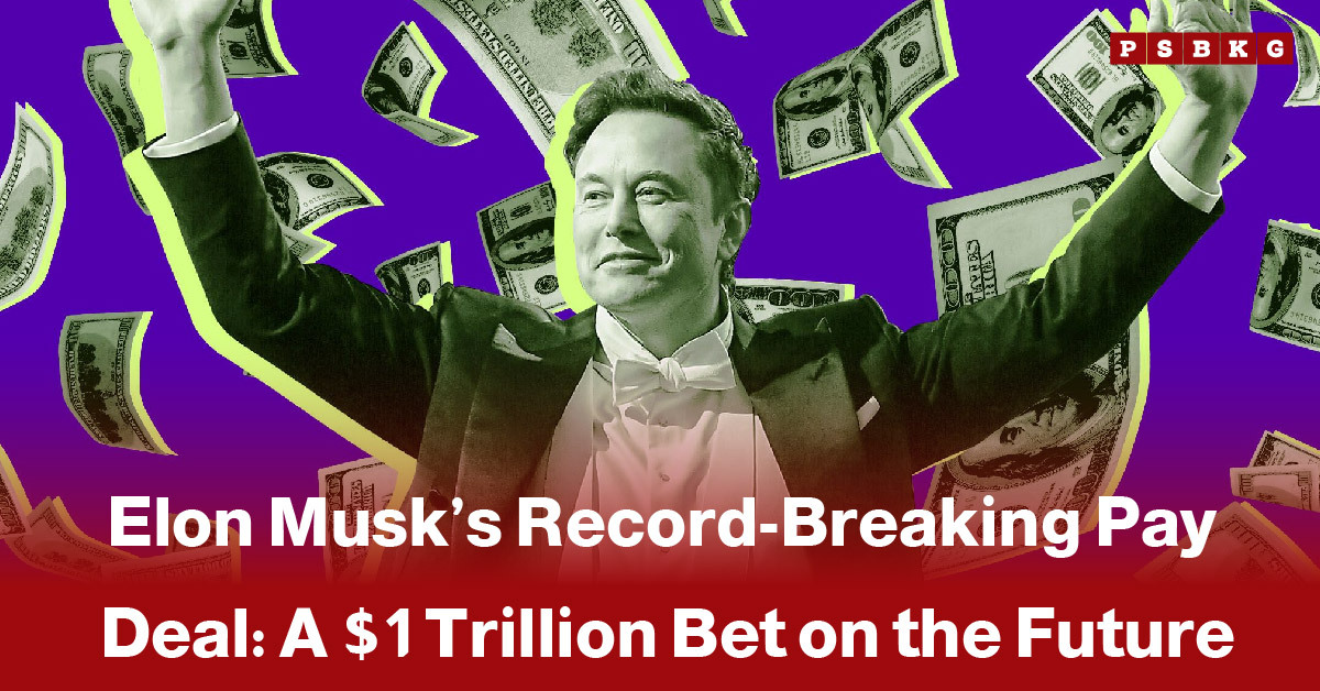 Elon Musk smiling in a tuxedo with floating dollar bills and a $1 trillion deal in the background.