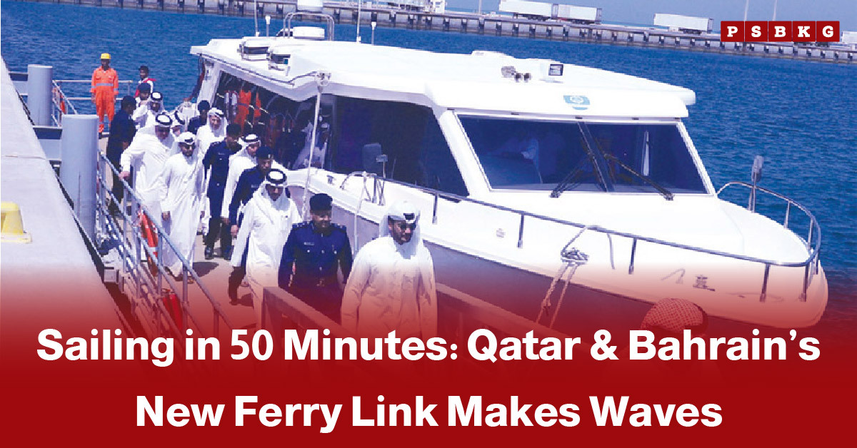 People arriving at a dock from a modern ferry between Qatar and Bahrain.