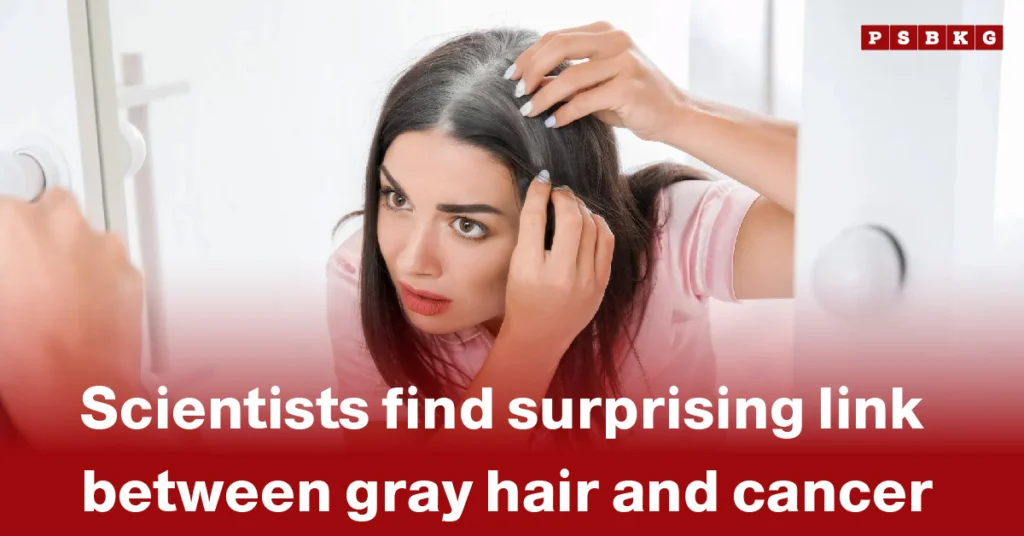 A person looking into a mirror while examining their gray hair, accompanied by a headline highlighting the newly discovered link between gray hair and cancer gray hair cancer link.