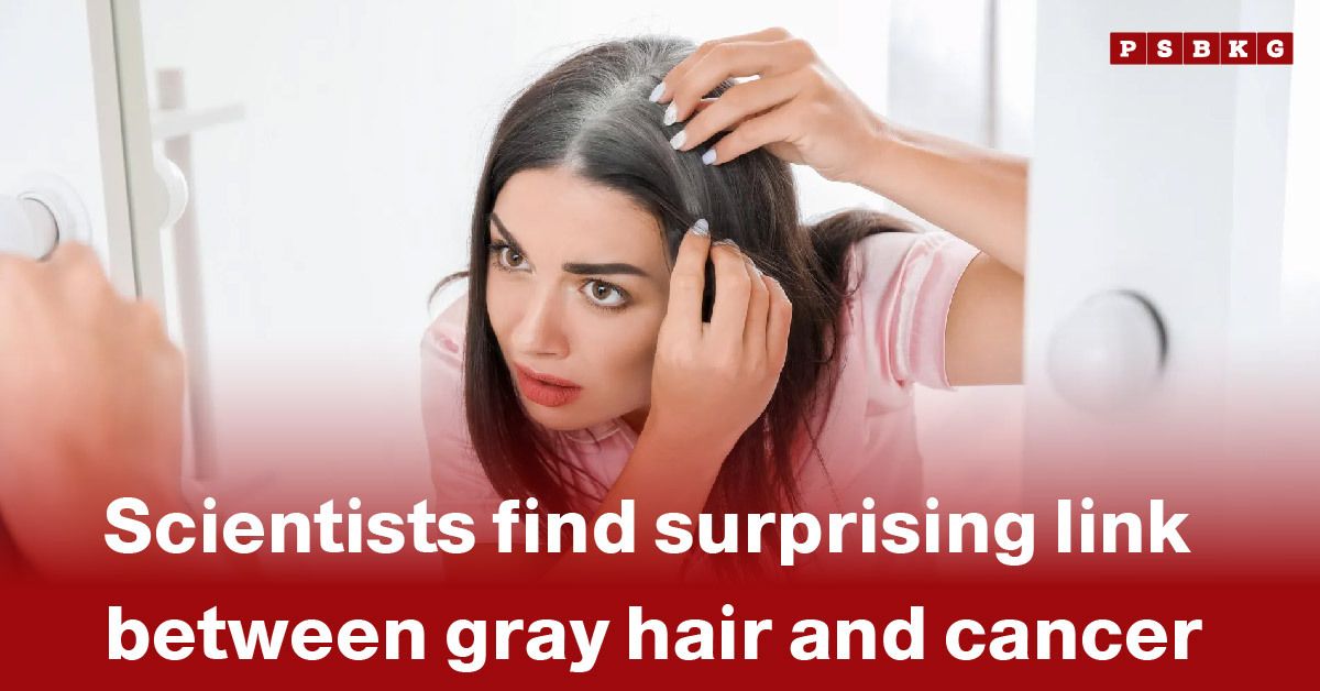 A person looking into a mirror while examining their gray hair, accompanied by a headline highlighting the newly discovered link between gray hair and cancer gray hair cancer link.