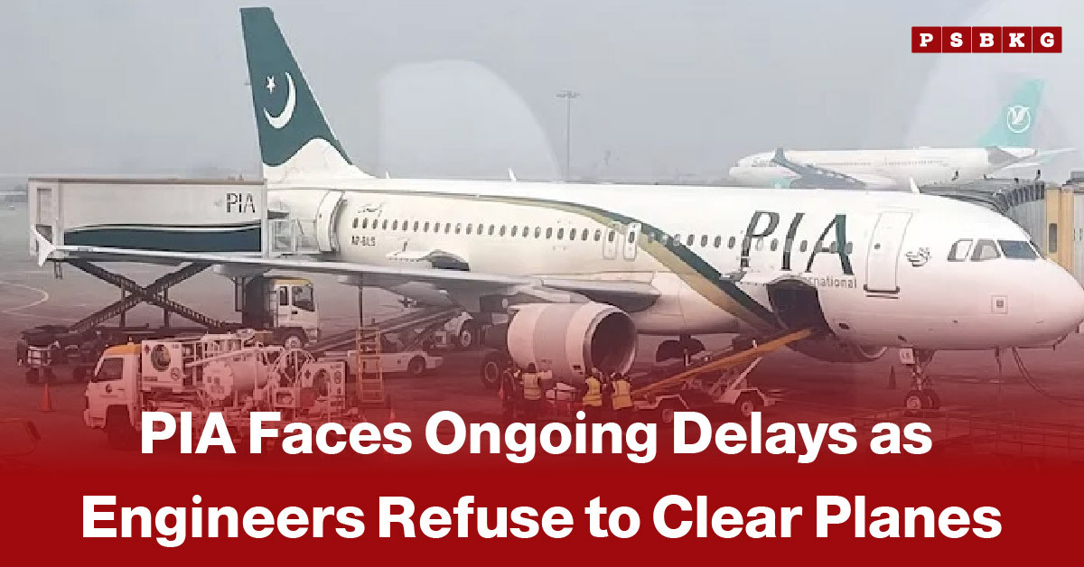 PIA plane at airport during delays caused by PIA engineers protest and halted operations.