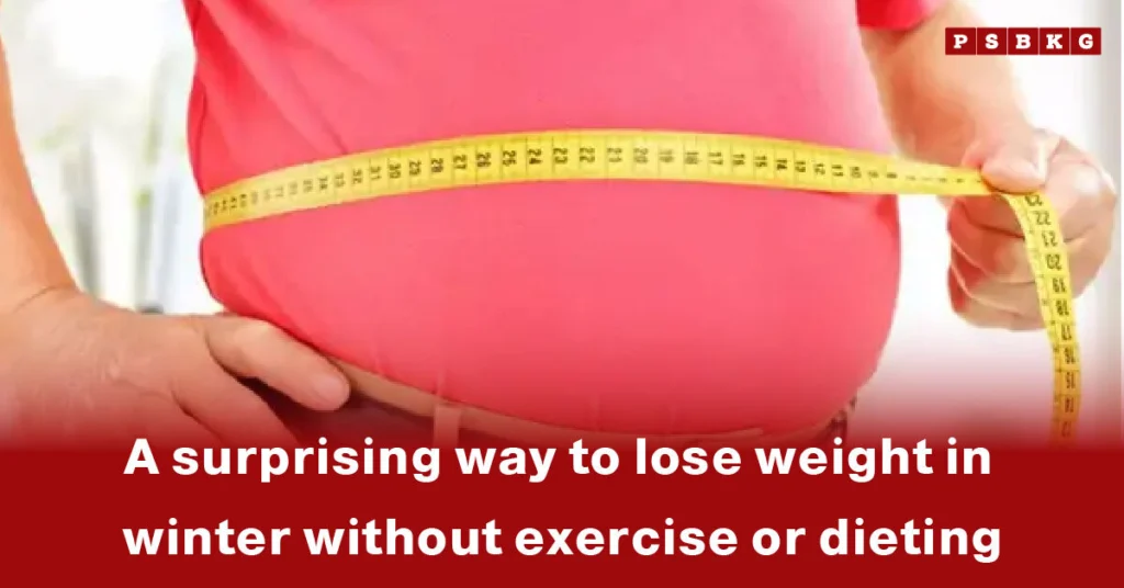 A person measures their waist with a tape measure, illustrating an approach to winter weight loss that emphasizes results without strict dieting or exercise.