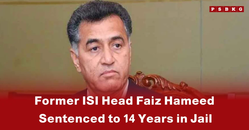A news headline on a red background announcing Faiz Hameed jail sentence, sentencing the former ISI head to 14 years in jail.