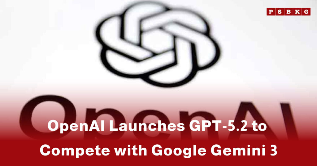 OpenAI logo with text announcing the GPT-5.2 launch to compete with Google Gemini 3, set against a gradient background.