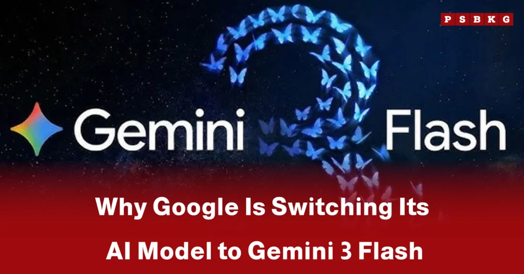 Text graphic featuring 'Gemini 3 Flash' and its logo, with butterflies in a starry background, highlighting Google Gemini 3 Flash AI transition announcement.