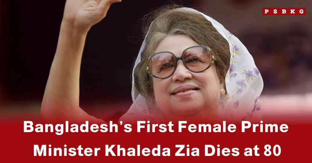 A woman wearing a floral shawl raises her hand, with a headline announcing Khaleda Zia death, Bangladesh's first female Prime Minister at 80.