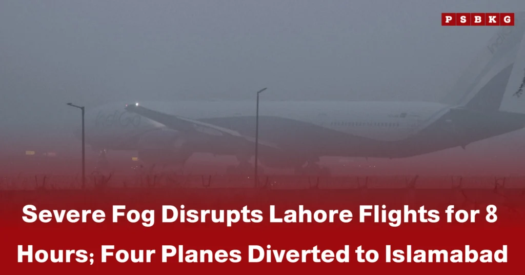 A plane is partially visible amidst dense fog at Lahore airport, highlighting Lahore flight disruption due to fog and severe weather conditions.
