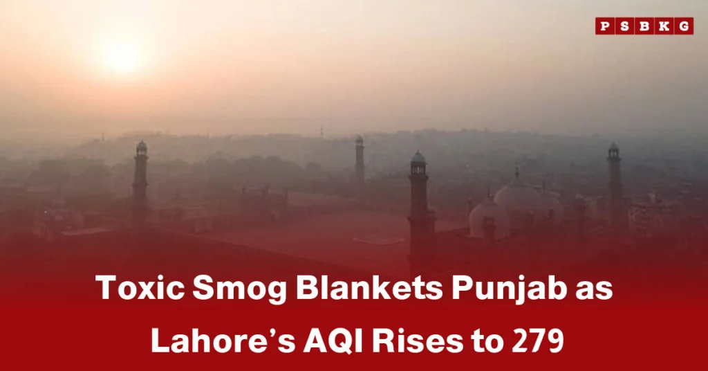 A hazy view of Lahore shrouded in thick smog, highlighting Lahore smog pollution with an AQI of 279.