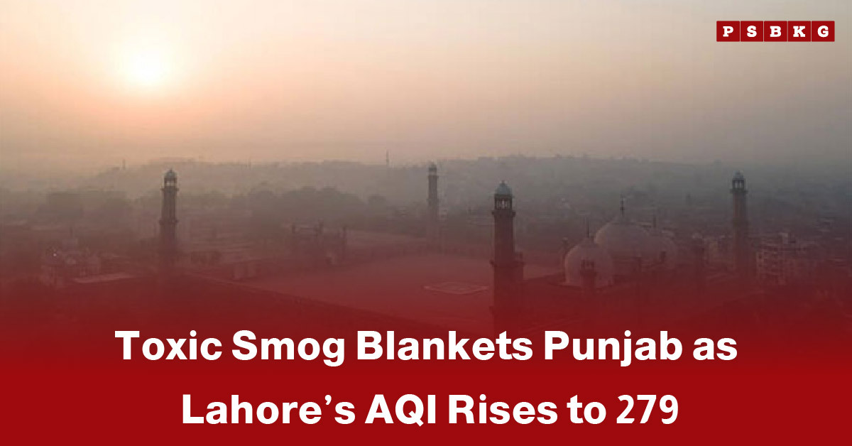 A hazy view of Lahore shrouded in thick smog, highlighting Lahore smog pollution with an AQI of 279.