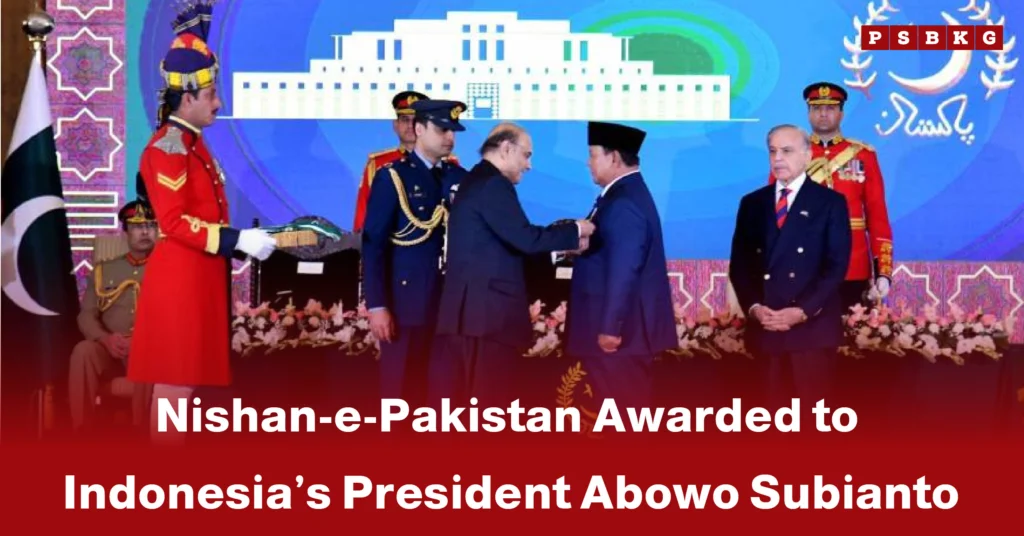 A formal ceremony where the Nishan e Pakistan Abowo Subianto award is presented, with dignitaries and military personnel in attendance.
