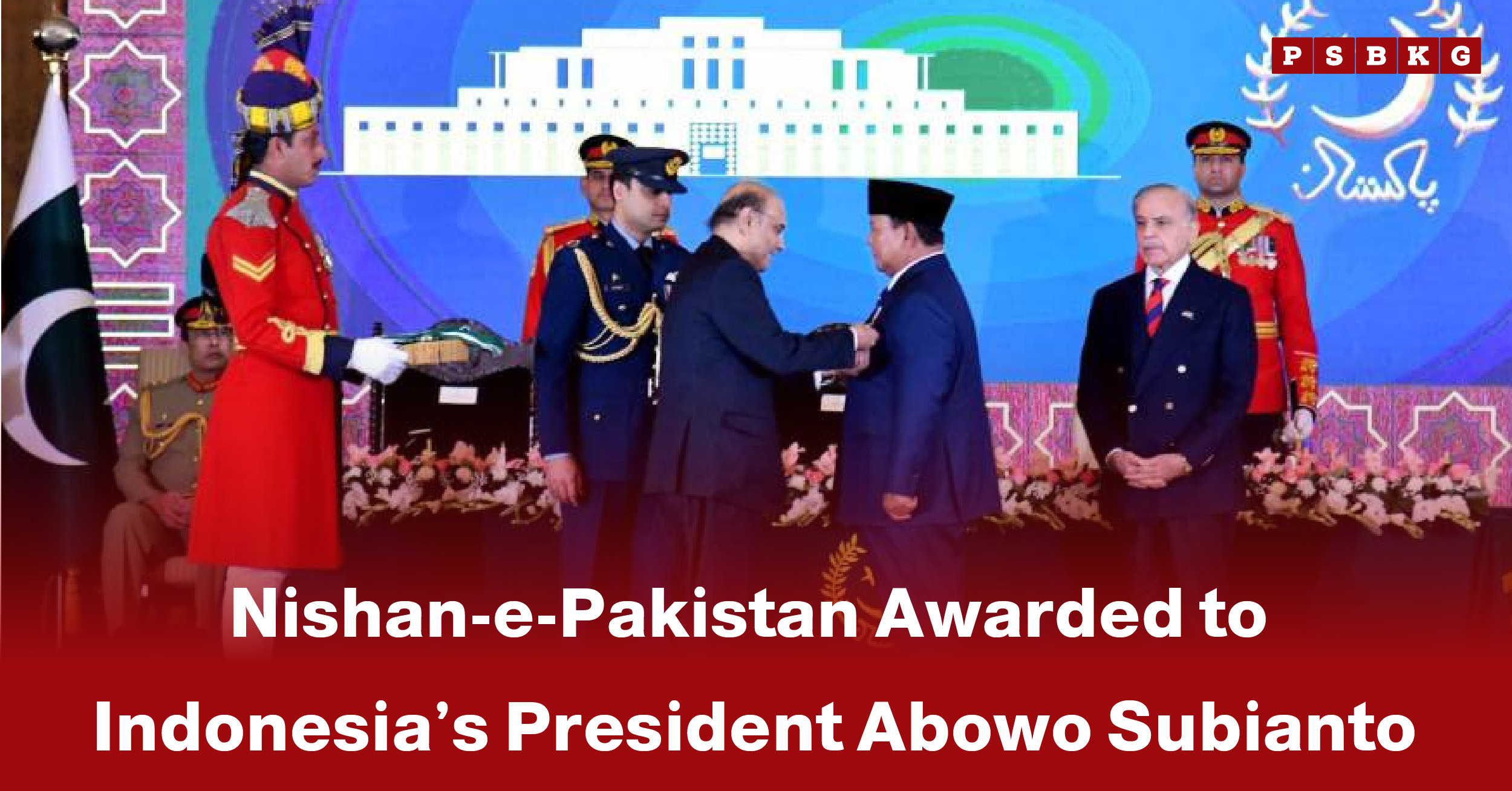 A formal ceremony where the Nishan e Pakistan Abowo Subianto award is presented, with dignitaries and military personnel in attendance.