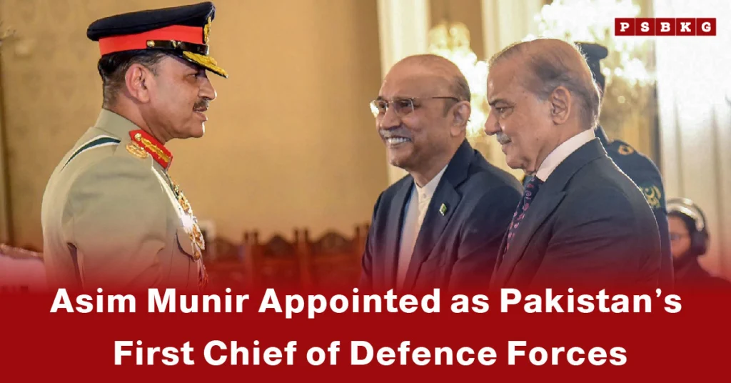 A military officer in uniform stands attentively as two dignitaries converse, highlighting Pakistan Chief of Defence Forces.
