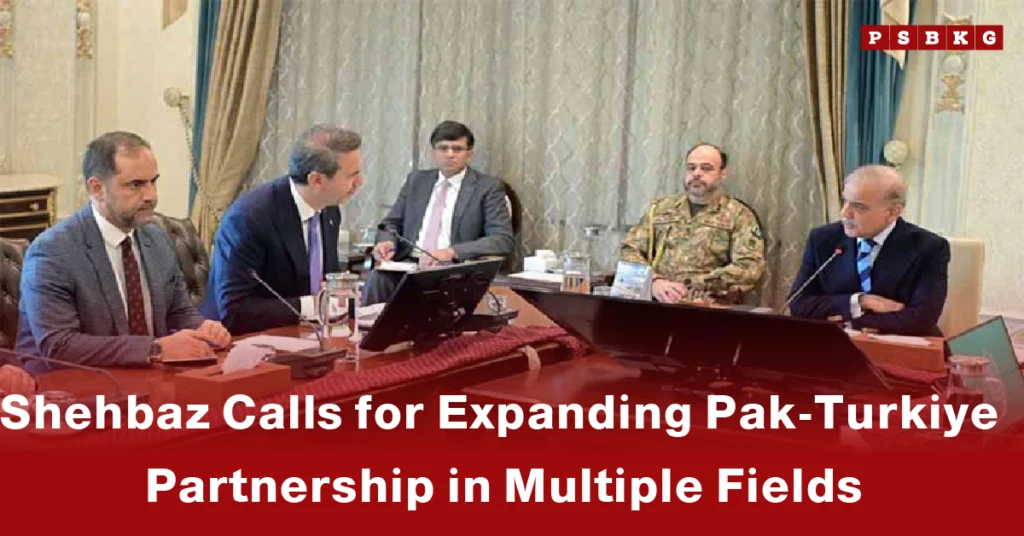 A meeting room with officials discussing the expansion of the Pakistan Turkiye partnership, surrounded by decorative walls and a conference table.