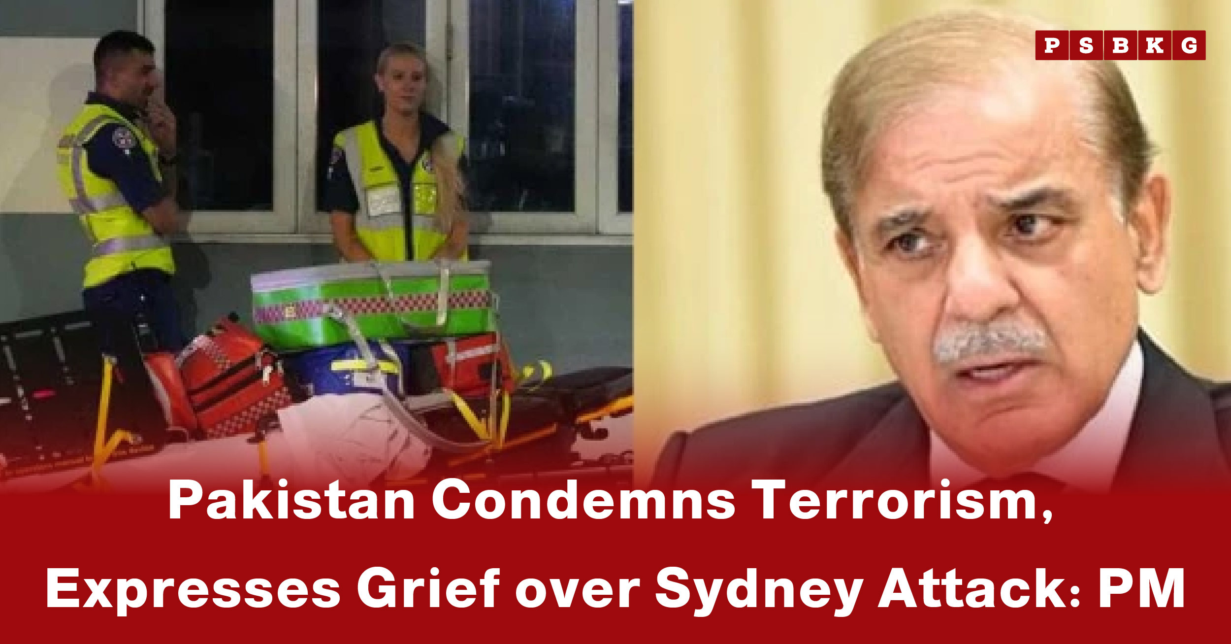 Two emergency responders stand by medical equipment as a news headline highlights Pakistan condemns terrorism following the Sydney attack.