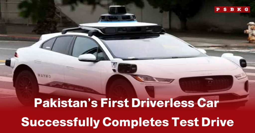 A white driverless car equipped with sensors completes its test drive on a city street, showcasing Pakistan driverless car test.