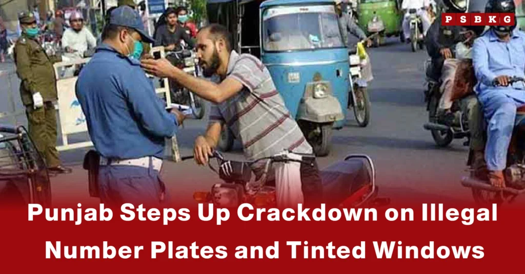 A police officer conducts a traffic stop on a busy street in Punjab during a Punjab crackdown on illegal number plates and tinted windows.