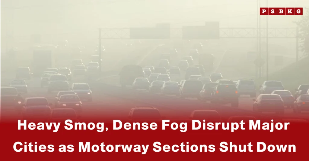 Dense fog and heavy smog blanket a busy motorway, highlighting Punjab smog motorway closures causing traffic disruption and reduced visibility in major cities.
