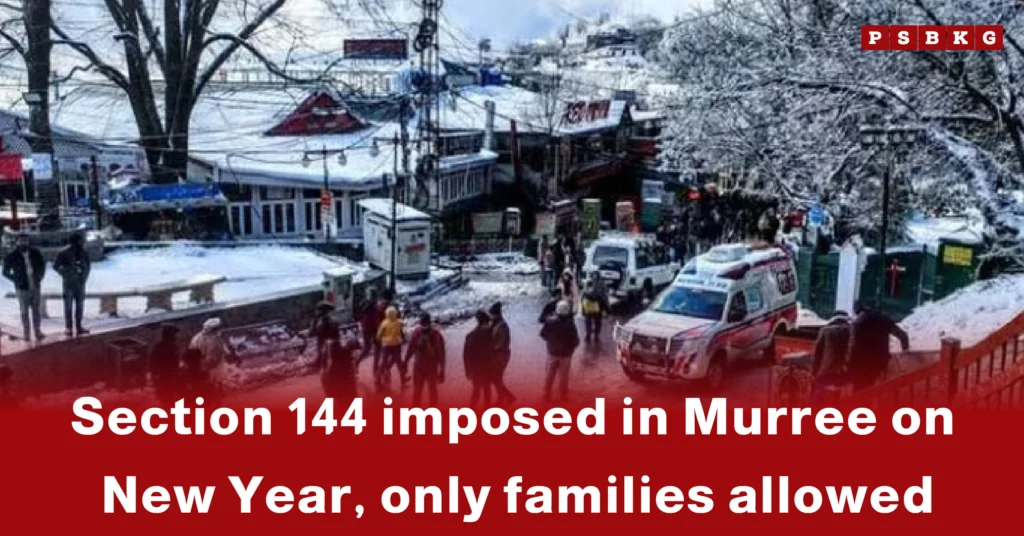 A snow-covered street in Murree bustling with people, with an ambulance parked nearby, highlighting Section 144 in Murree New Year restrictions.