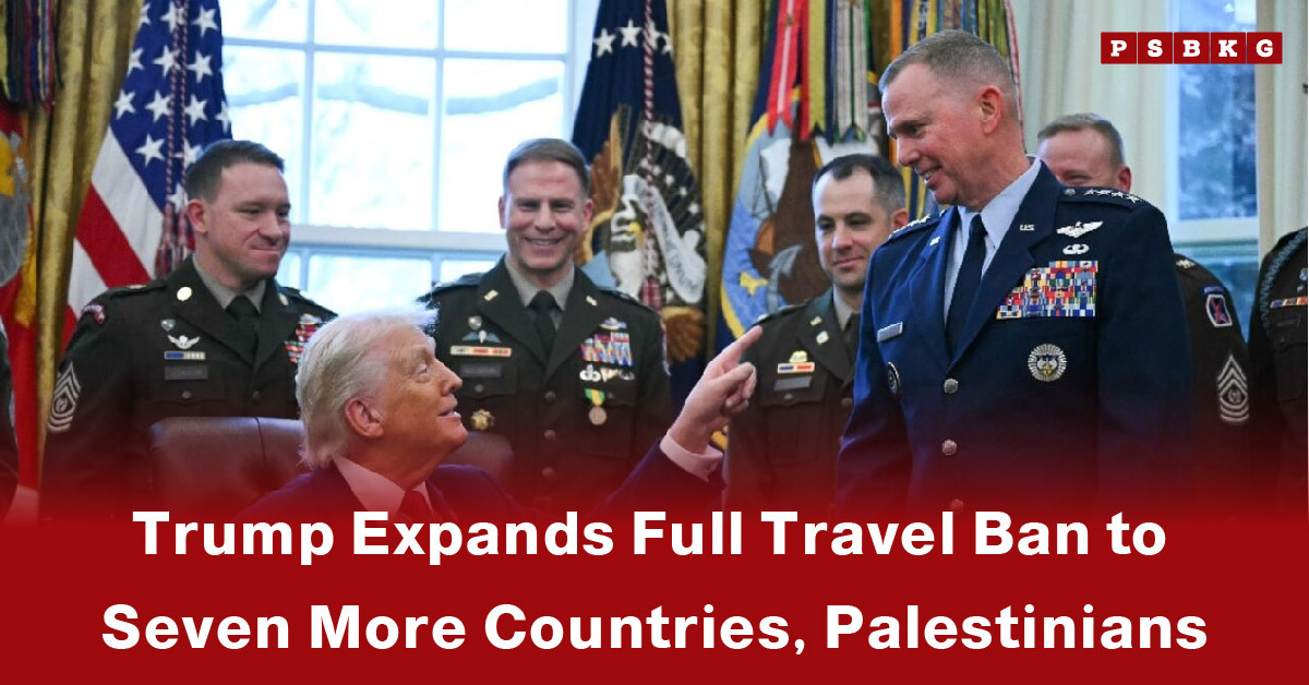 Trump discusses travel ban expansion while seated, surrounded by military personnel in a formal setting.