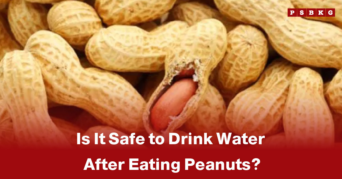 A close-up of shelled and unshelled peanuts with text asking about drinking water after peanuts.