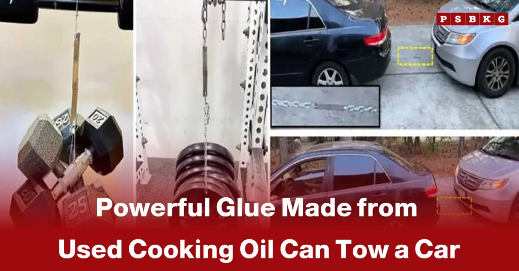 A collage showing a weight suspended as a test, a car's bumper near another car, highlighting glue made from used cooking oil strong enough to tow a car.
